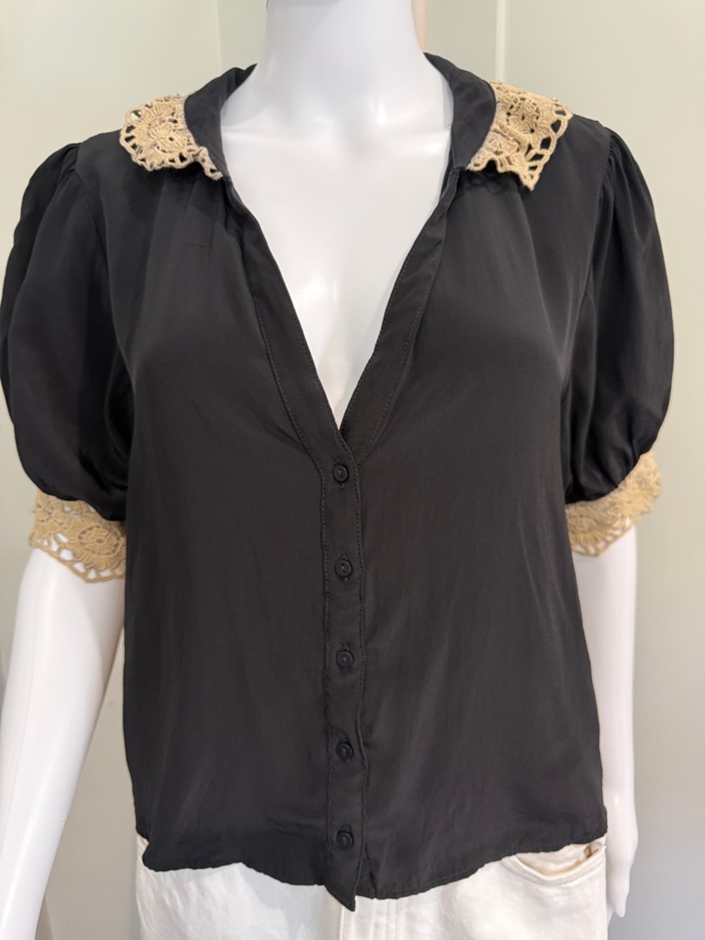 Free People Black Button-Front Puff Sleeve Top with Cream Crochet Trim